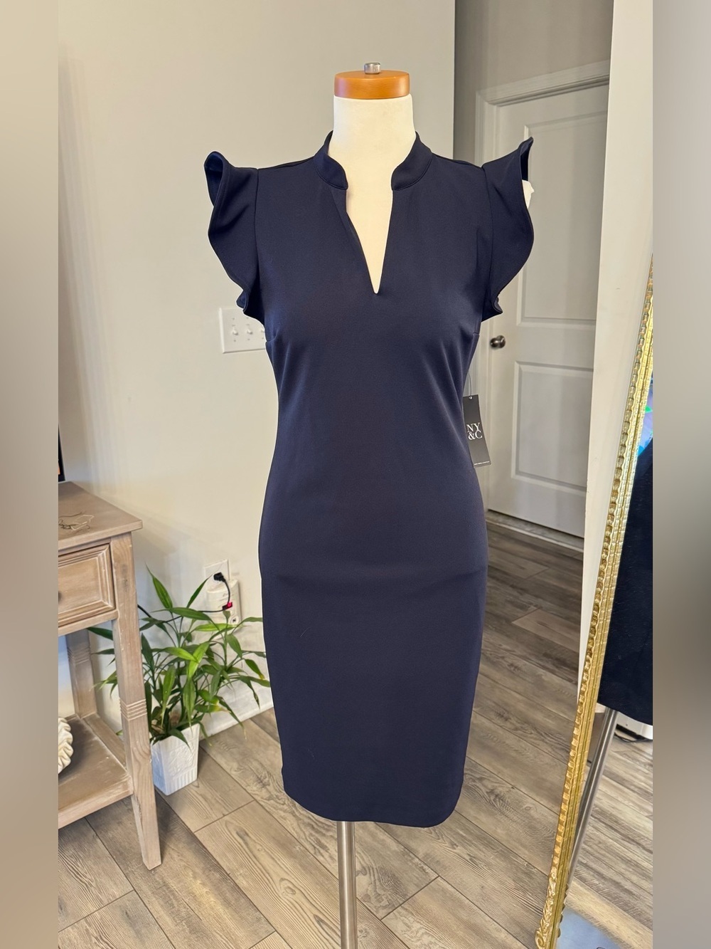 New York & Company Navy Flutter-Sleeve Sheath Dress…